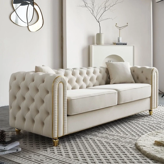 Tufted Back Sofa with Gold Trim